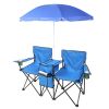 Double Folding Picnic Chairs w/Umbrella Mini Table Beverage Holder Carrying Bag for Beach Patio Pool Park Outdoor Portable Camping Chair (Blue)